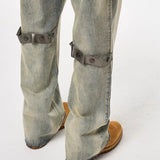 Detachable Leather Chain Flare Jeans