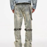 Detachable Leather Chain Flare Jeans